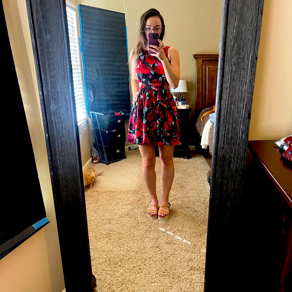 Floral rose pattern black mini cut out dress. Medium.